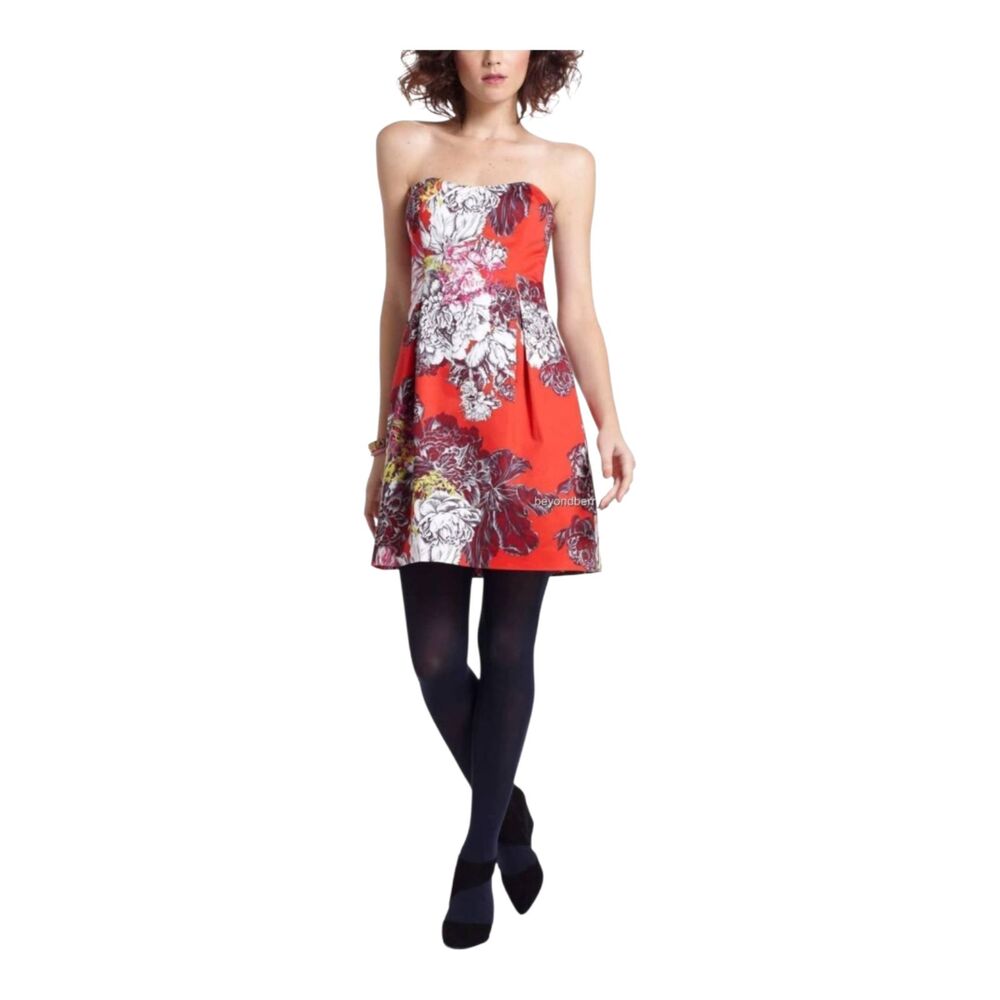 Anthropologie Leifsdottir Strapless Red Floral Fit Flare Babydoll Party Dress, 8
